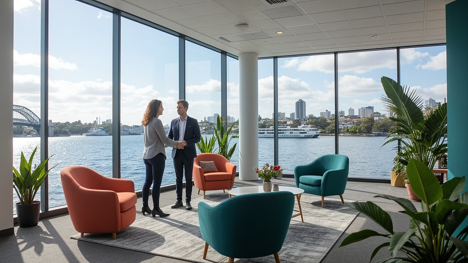 Two professionals shaking hands in a Sydney office